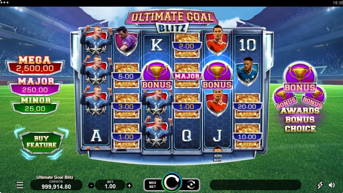 Tampilan layar utama slot Ultimate Goal Blitz dengan latar belakang stadion sepak bola yang megah.